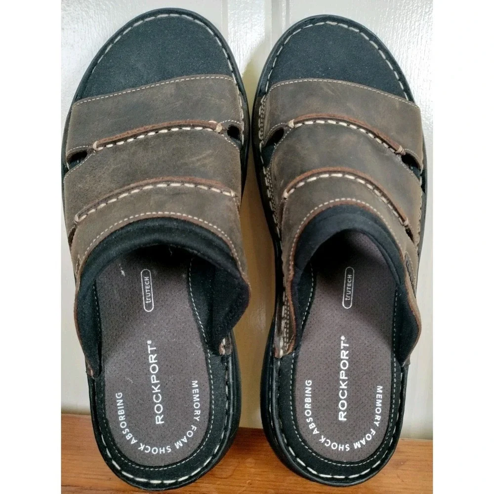 Rockport Darwyn Men's Leather‎ Slide Sandals Size 9 NWOB Brown truTECH Comfort